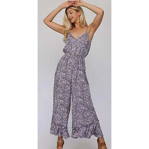 New Gigio by UMGEE S M L Daisy Print Lavender Wide Leg Ruffle Hem Jumpsuit